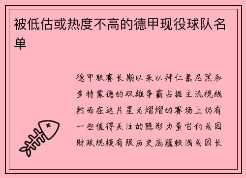 被低估或热度不高的德甲现役球队名单