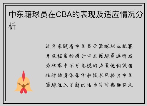中东籍球员在CBA的表现及适应情况分析